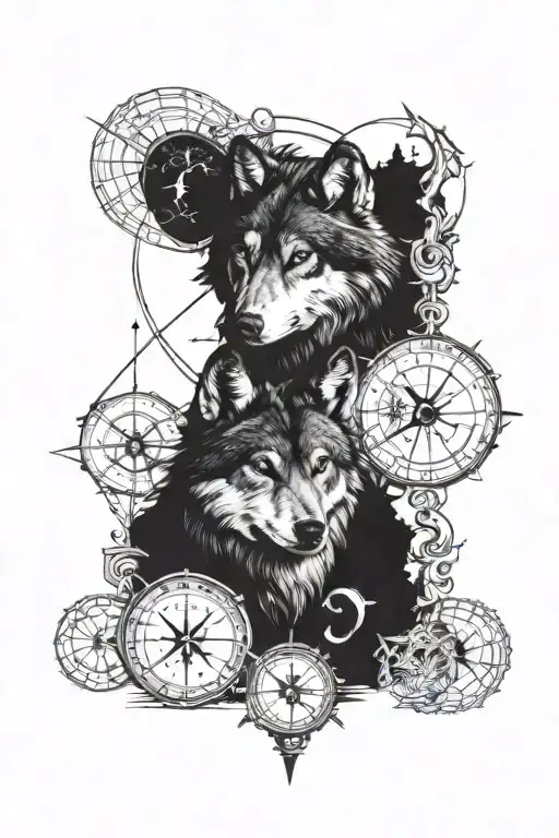 Male Wolf with compass on eone eye, female wolf, two little wolfs tattoo design idea