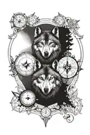 Male Wolf with compass on eone eye, female wolf, two little wolfs tattoo design idea