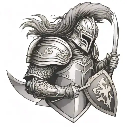 A fierce warrior in battle armor with a focus symbol as a shield or weapon tattoo design idea