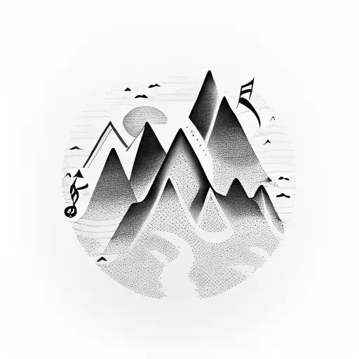 A silhouette of a mountain range with musical notes flowing out of it tattoo design idea