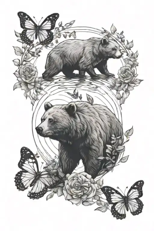 Bear with two cubs, and three butterflies, in a circle tattoo design idea
