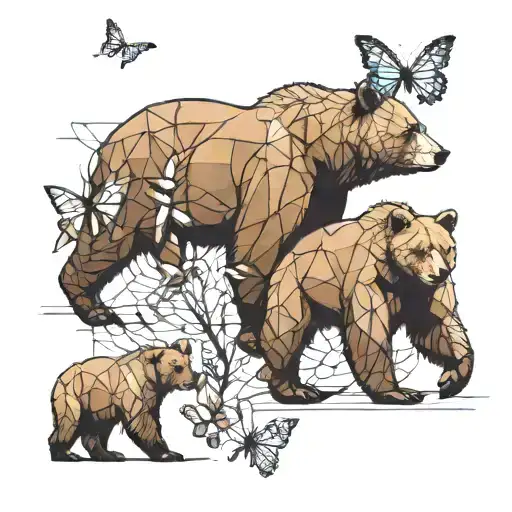 bear and two cubs with three butterflies. Geometric. Simple. tattoo design idea