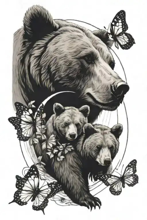Bear with two cubs, and three butterflies, in a circle tattoo design idea