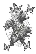 Bear with two cubs, and three butterflies, in a circle tattoo design idea