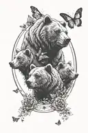 Bear with two cubs, and three butterflies, in a circle tattoo design idea
