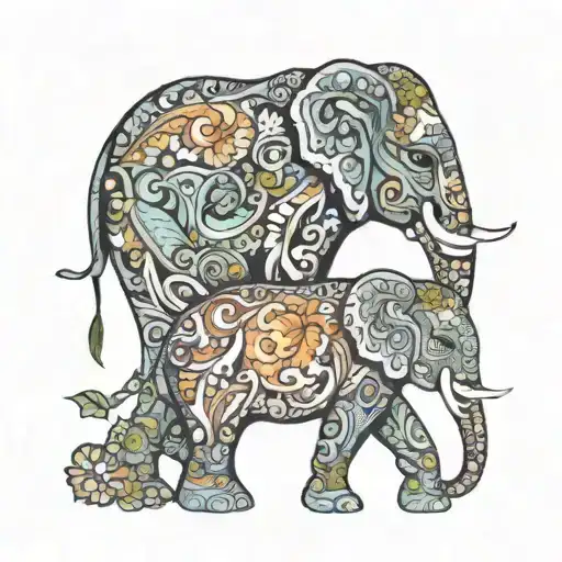 elephant mother and son surrounded by paisley pattern tattoo design idea