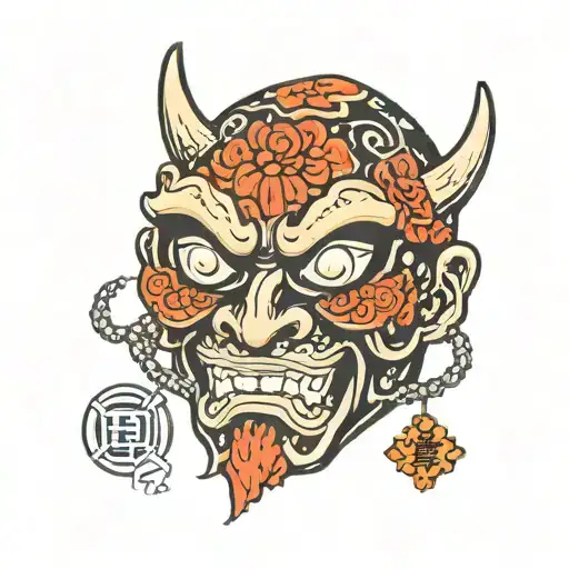 eye patch, oni mask tattoo design idea