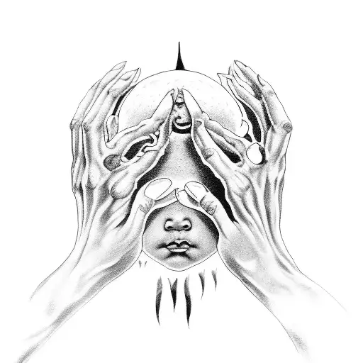 Devil hand touching a baby's forehead  tattoo design idea