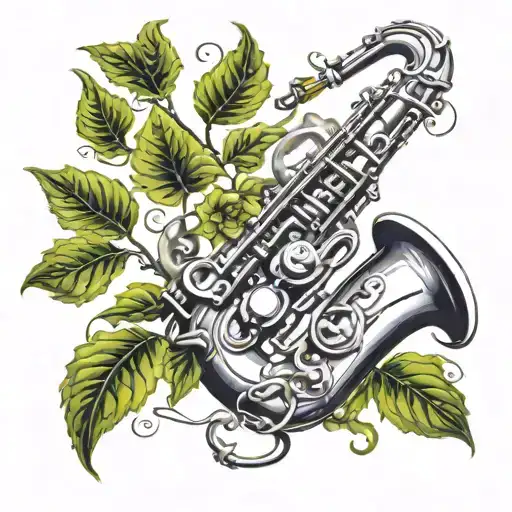 saxophone intertwined with vines tattoo design idea