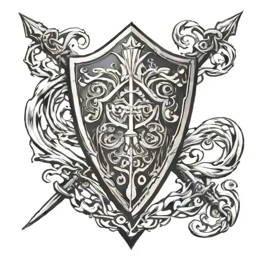 a shield, a trident, waves, the V-shaped bow of a vessel tattoo design idea