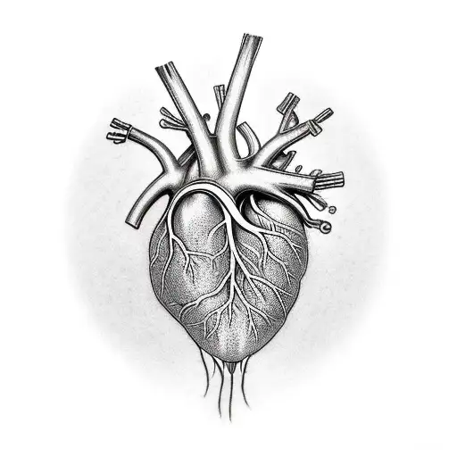 A tall plant with leaves growing from an anatomical heart, from which the tangled roots-vessels grow tattoo design idea
