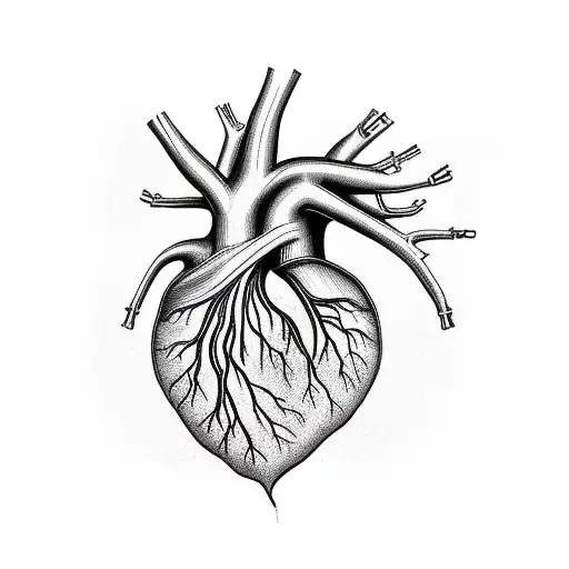 A tall plant with leaves growing from an anatomical heart, from which the tangled roots-vessels grow tattoo design idea