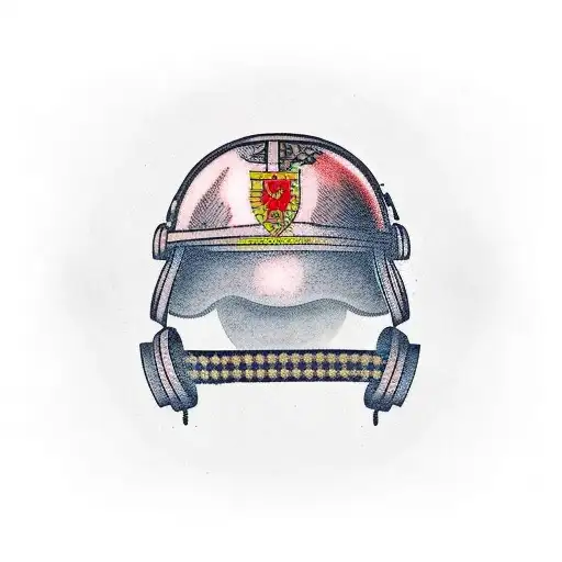 An intricate tattoo of a soldier's helmet adorned with traditional Ukrainian embroidery patterns tattoo design idea