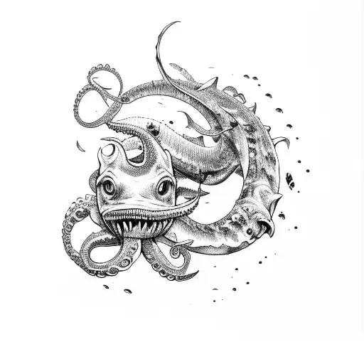 left arm sleeve, black and white, with an octopus, a great white shark, a mako shark and a siren tattoo design idea