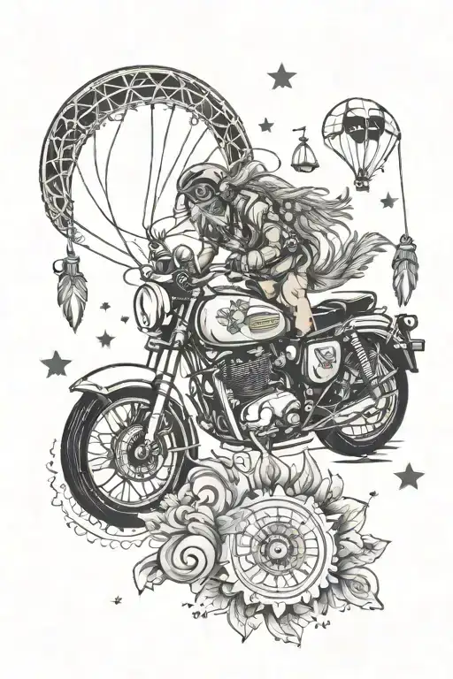 royal Enfield bike, Dreamcatcher, Sun, stars, moon, baby astronaut, hot air balloon, peacock, musical note, mountain sea tattoo design idea