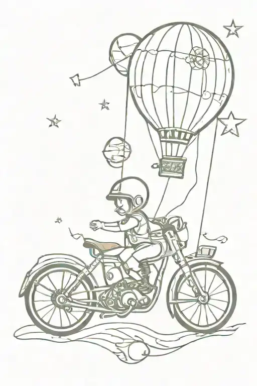 royal Enfield bike, Dreamcatcher, Sun, stars, moon, baby astronaut, hot air balloon, peacock, musical note, mountain sea tattoo design idea