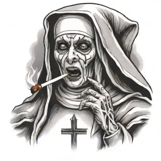 scary nun smoking tattoo design idea
