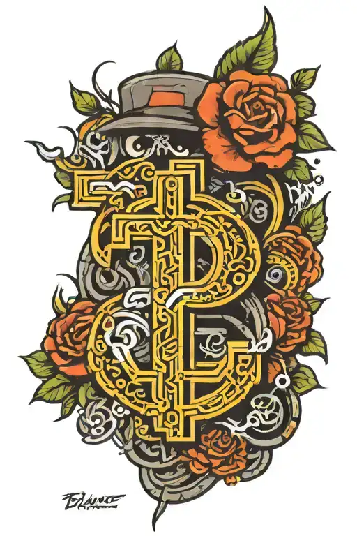 money gangster Bitcoin letter F tattoo design idea