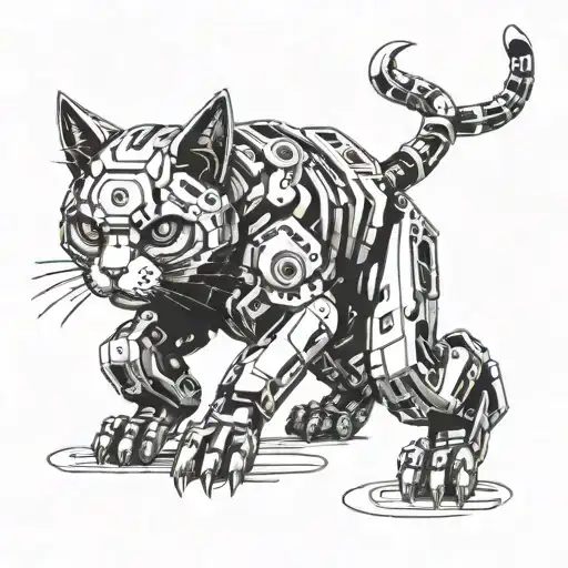 A cyberpunk-inspired robotic cat engaged in Brazilian Jiu Jitsu tattoo design idea