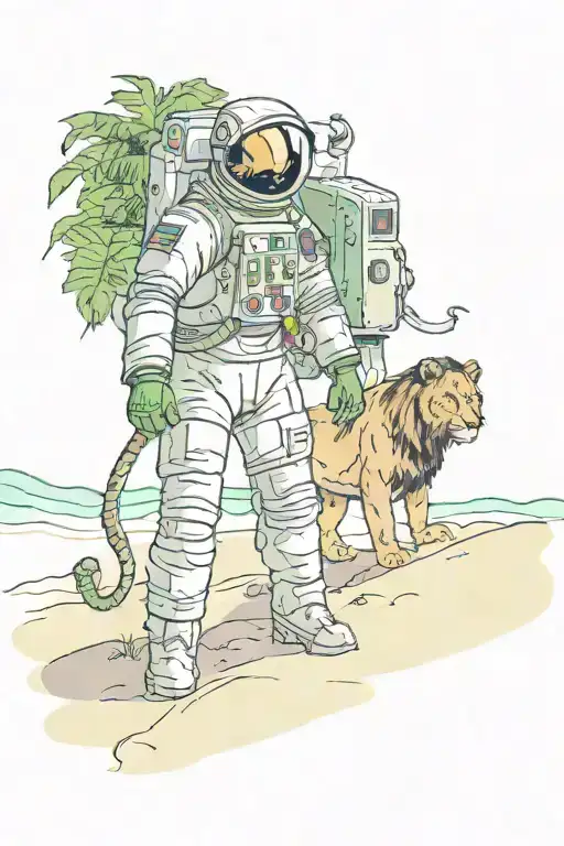 An astronaut stands on a beach with large green vegetation on another planet with a local tamed lion-like animal overloo tattoo design idea