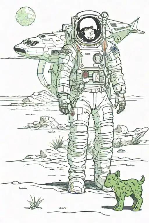 An astronaut stands on a beach with large green vegetation on another planet with a local tamed animal that looks like a tattoo design idea