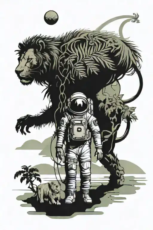 An astronaut stands on a beach with large green vegetation on another planet with a local tamed lion-like animal overloo tattoo design idea