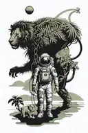 An astronaut stands on a beach with large green vegetation on another planet with a local tamed lion-like animal overloo tattoo design idea