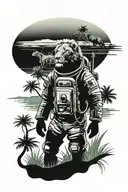 An astronaut stands on a beach with large green vegetation on another planet with a local tamed lion-like animal overloo tattoo design idea
