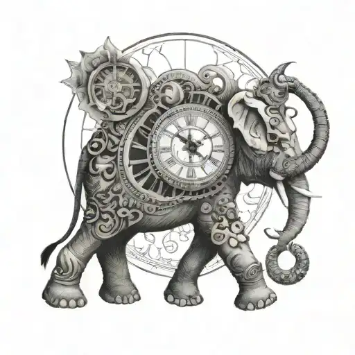 elephant adorned whit a clock face tattoo design idea