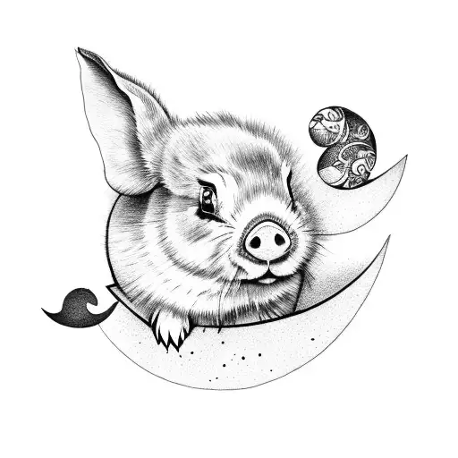big half-moon with small bunny and pig inside  tattoo design idea