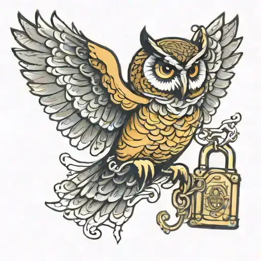 owl flying towards carrying padlock tattoo design idea