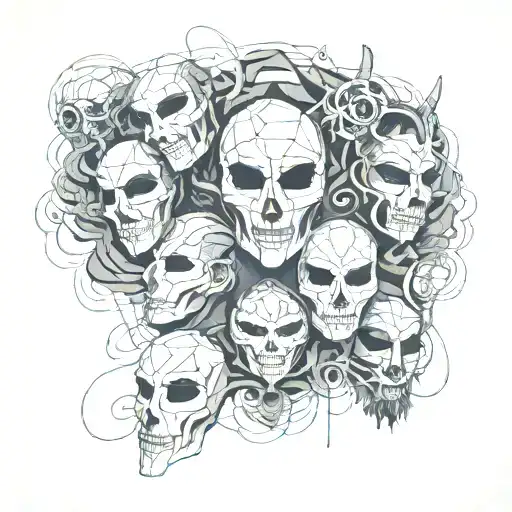 Overall Concept: A flowing timeline symbolizing the journey of life and death, interwoven with masks.  tattoo design idea