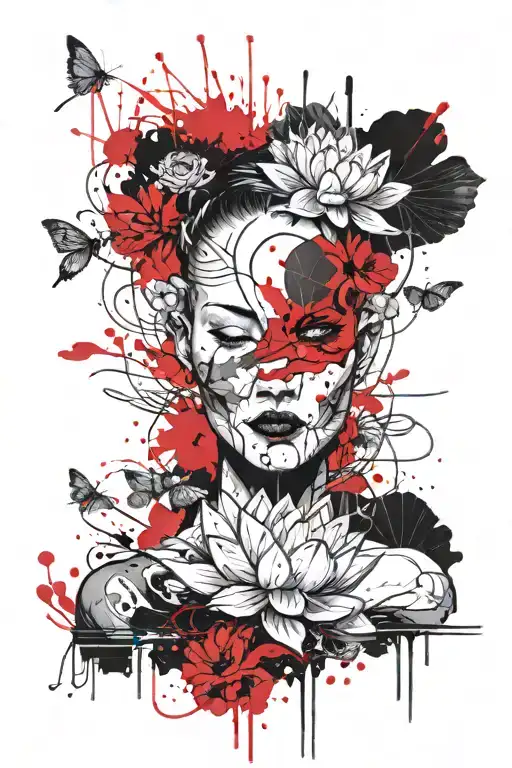 Timeline of life and death, with lotus flowers, bipolar masks, forearm positioning. tattoo design idea