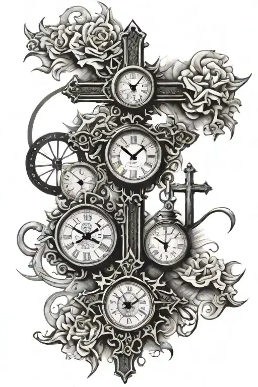 3 crosses with a sun a 5150 and a clock showing 6 oclock tattoo design idea