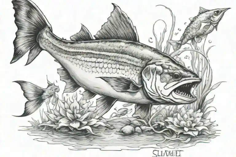 salwater underwater  fishing scene featuring tattoo design idea