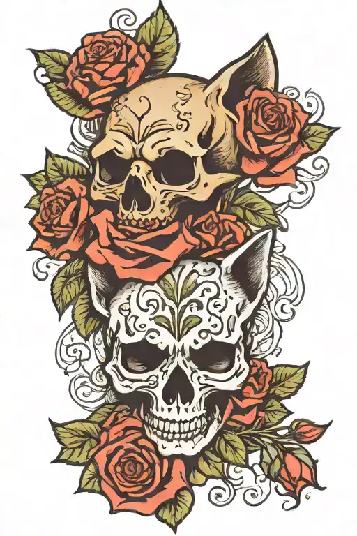 Skulls roses animals cat tattoo design idea