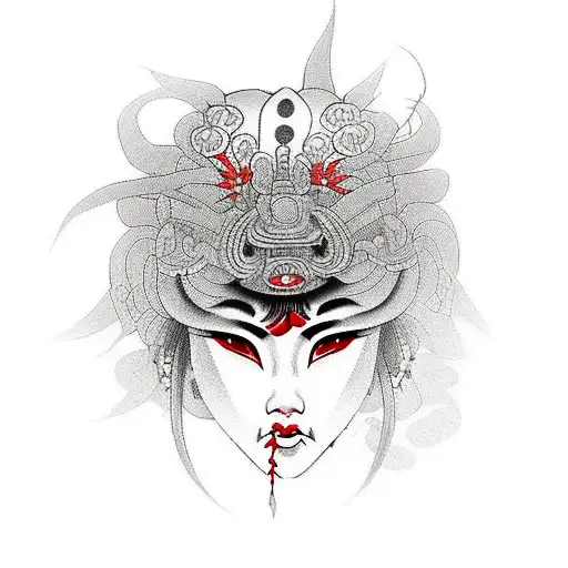 female samurai with red spider lilies behind her tattoo design idea