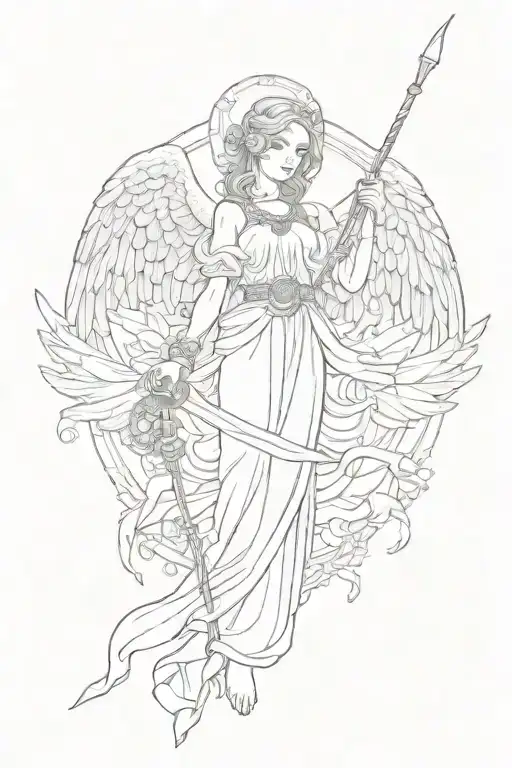 full body female angel holding a rosary necklase in one hand, a large staff in the other. the staff has a ribbon on it tattoo design idea