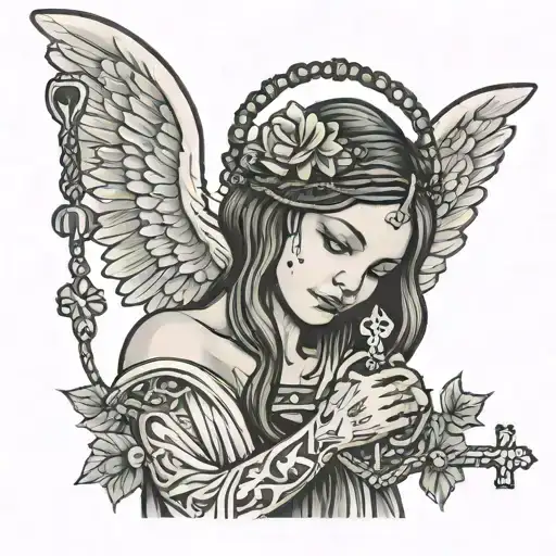 female angel holding a cross staff and rosary necklace tattoo design idea
