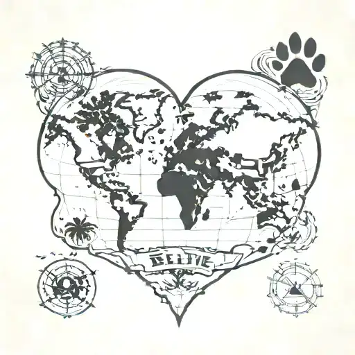 A map of the world with a heart marking Belize and a dog paw print marking Secret Beach tattoo design idea