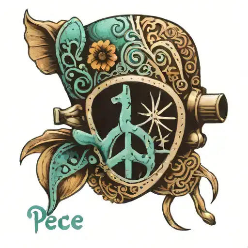 A snorkel mask with intricate turquoise designs and the word 'peace' incorporated into the design tattoo design idea