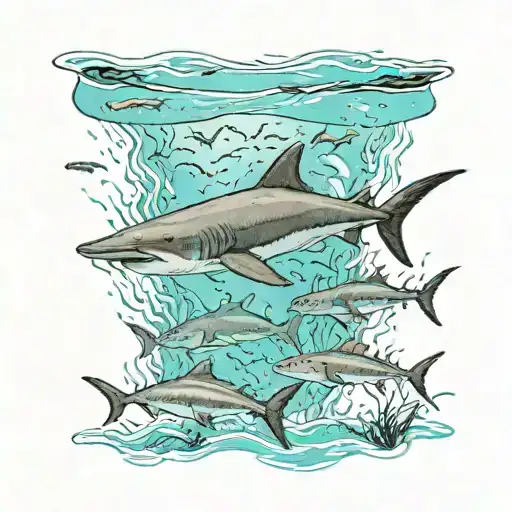 Turquoise Waters with a silhouette of nurse sharks swimming in the foreground tattoo design idea