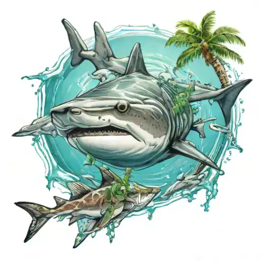 A realistic portrait of a nurse shark with a background of turquoise waters and palm trees tattoo design idea
