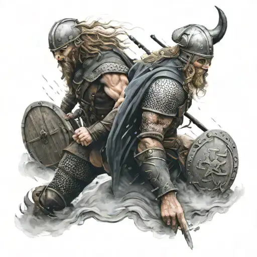 Viking battlefield with a lot of rain and cloudy weather tattoo design idea