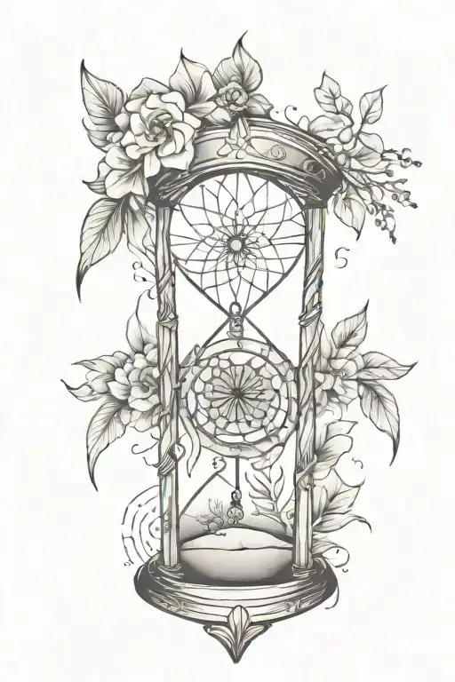Minimalist "Hour Glass With Sand, Dream Catcher,..." Tattoo Idea