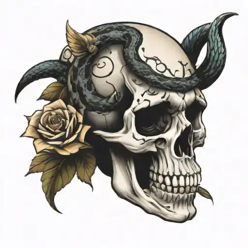 snake skull with flowers tattoo design idea