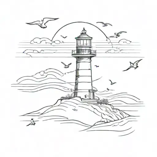 minimalistic lighthouse with dunes and birds flying tattoo design idea