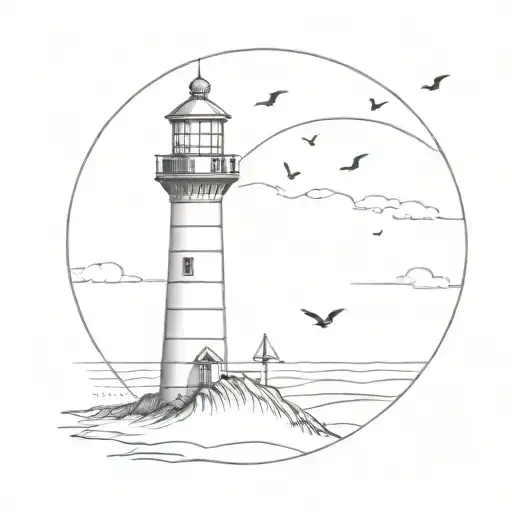 minimalistic lighthouse with dunes and birds flying tattoo design idea
