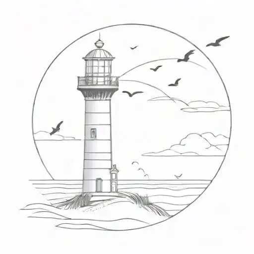 minimalistic lighthouse with dunes and birds flying tattoo design idea