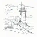 minimalistic lighthouse with dunes and birds flying tattoo design idea